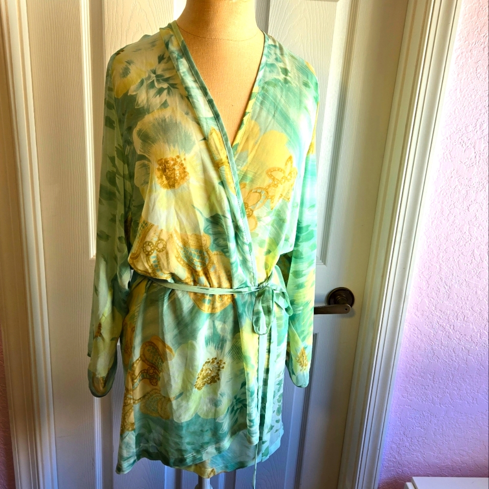 Vintage Victoria’s Secret Mesh Green Floral Short Robe One Size Lingerie Y2K